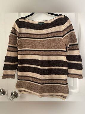 Lauren Ralph Lauren LRL Striped Knit Sweater Medium Brown Cream 3/4 Sleeve